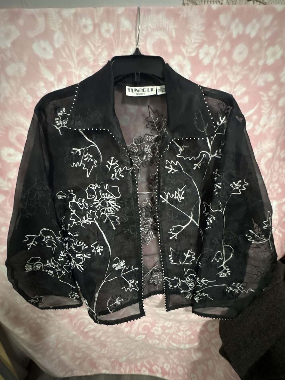 Tunique Nights 100% Silk Sheer Embroidered Floral Blouse